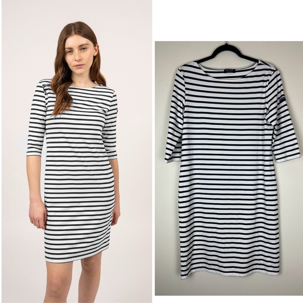 SAINT JAMES Propriano Form Fitting Nautical Black White Breton Stripe Dress US10